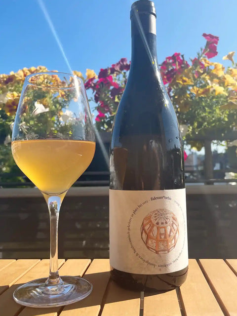 Bottle and glass of Fidesser Orbis Orange 2021 - Natural Wine Dealers