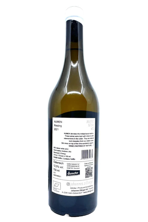 Johannes Zillinger Numen Riesling 2021 back label - Natural Wine Dealers