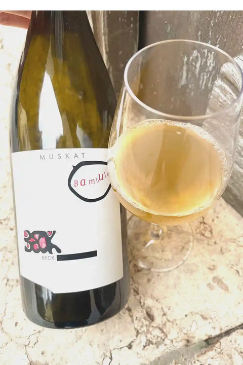 Judith Beck Muskat Bambule 2021 bottle and glass - Natural Wine Dealers