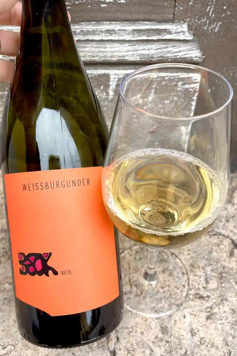 Judith Beck Weissburgunder 2021 bottle and glass - Natural Wine Dealers