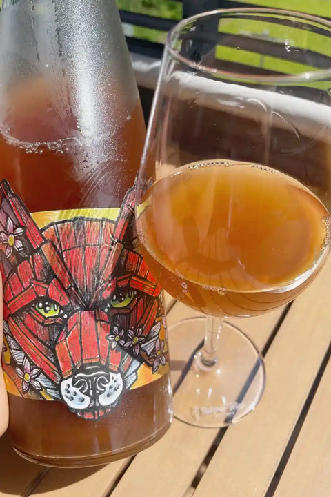 Muller Koeberle Fox Gewürztraminer 2021 bottle and glass - Natural Wine Dealers