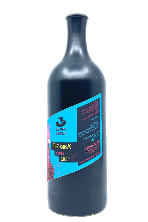 Back label of the ceramic bottle of Die Hopi Bauern The Cock 2023 - Natural Wine Dealers