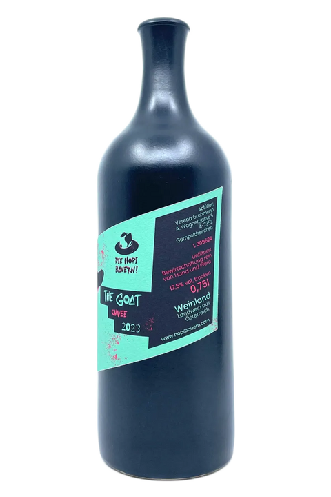 Back label of the ceramic bottle of Die Hopi Bauern The Goat 2023 - Natural Wine Dealers