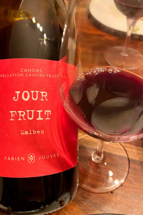 Bottle and glass of Fabien Jouve Jour Fruit Malbec 2024 - Natural Wine Dealers