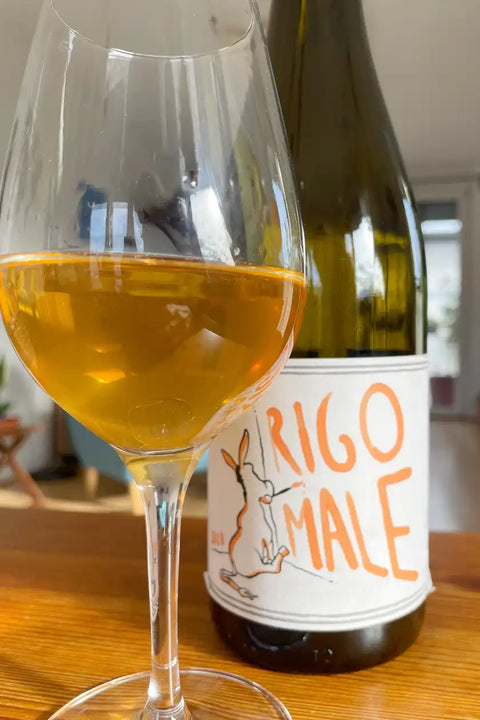 Bottle and glass of I Forestieri Rigomale 2024 - Natural Wine Dealers