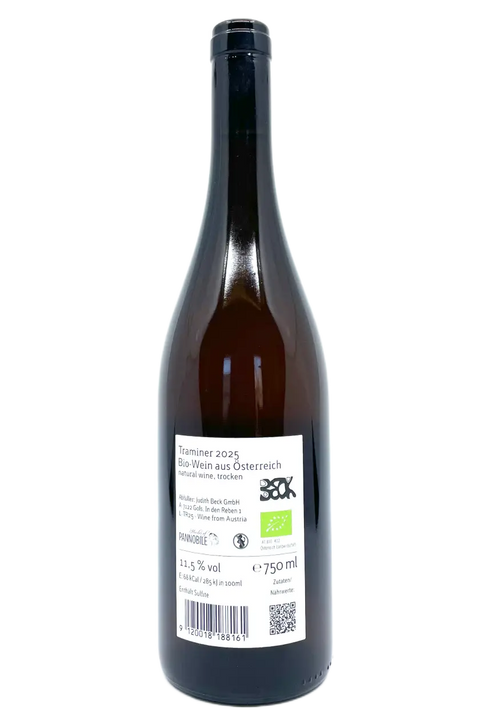 Back label of a bottle of Judith Beck Traminer 2025 - Natural Wine Dealers