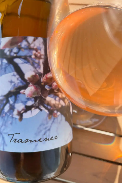 Glass and bottle of Judith Beck Traminer 2025 - Natural Wine Dealers