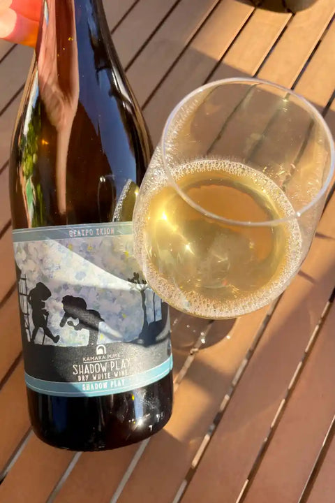 Wine bottle and wine glass of Kamara Winery Shadow Play White 2024 - Natural Wine Dealers