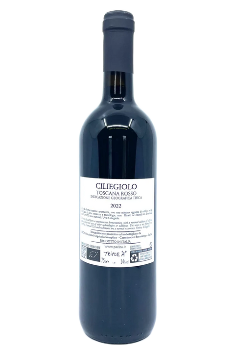 Back label of of Pacina Ciliegiolo 2022 - Natural Wine Dealers
