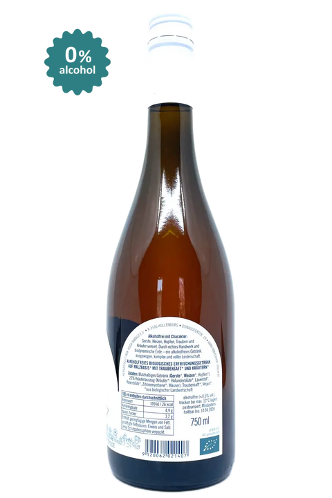 Bottle of alcohol-free beverage with a label and '0% alcohol' badge on a white background - Natural Wine Dealers