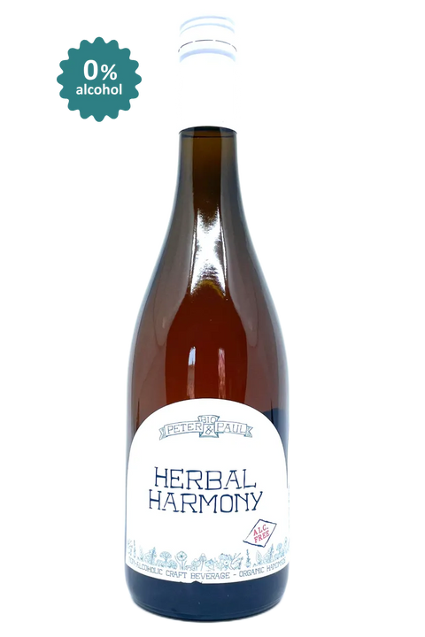 Bottle of Herbal Harmony non-alcoholic beverage with a white label on a white background - Natural Wine Dealers