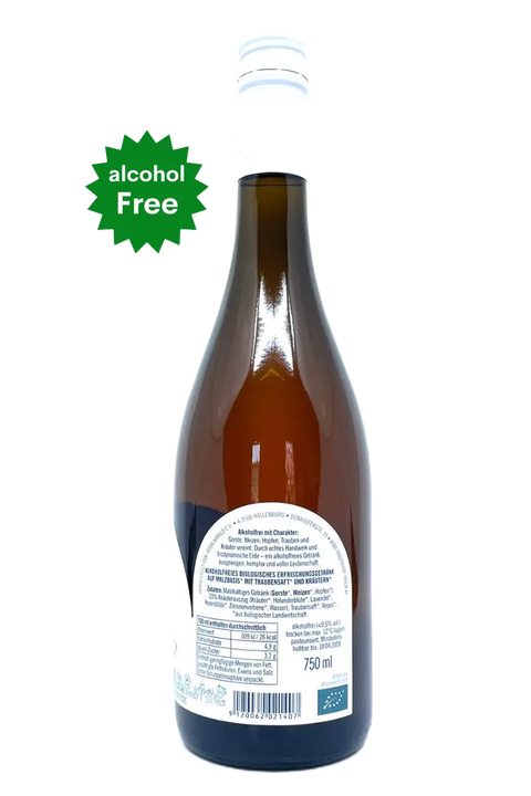 Bottle of alcohol-free beverage with a label and '0% alcohol' badge on a white background - Natural Wine Dealers