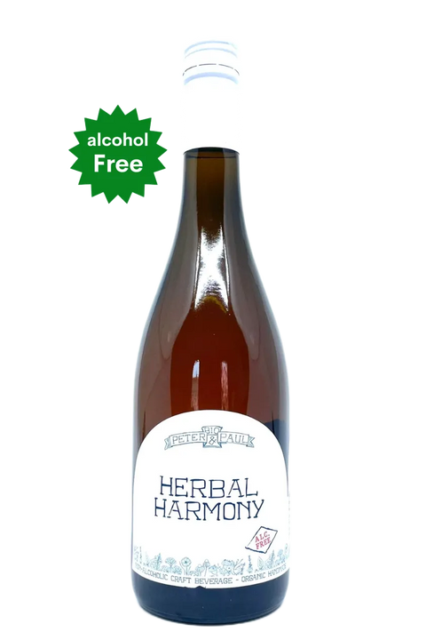 Bottle of Herbal Harmony non-alcoholic beverage with a white label on a white background - Natural Wine Dealers