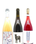 Three rosé wine bottles with unique labels on a white background - selected by Natural Wine Dealers