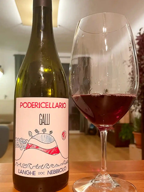 Poderi Cellario Galli Nebbiolo 2020 bottle and glass