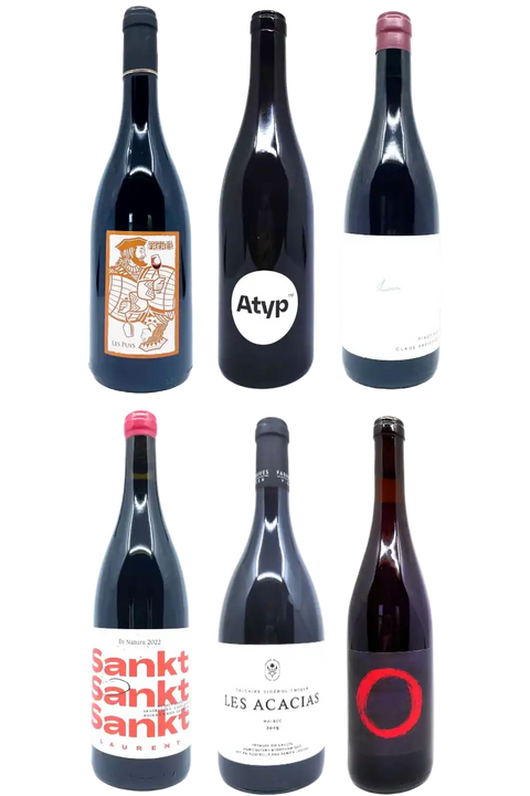 Six wine bottles with various labels on a white background - selected by Natural Wine Dealers