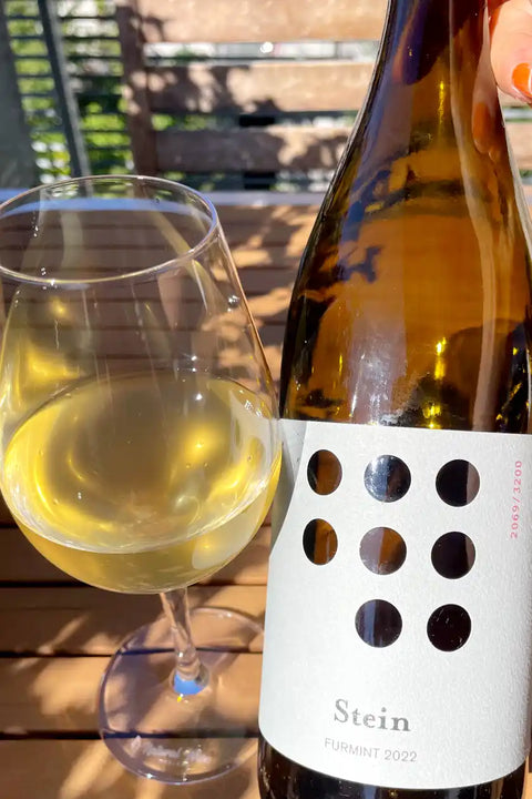 Bottle and glass of Weninger Stein Furmint 2022 - Natural Wine Dealers